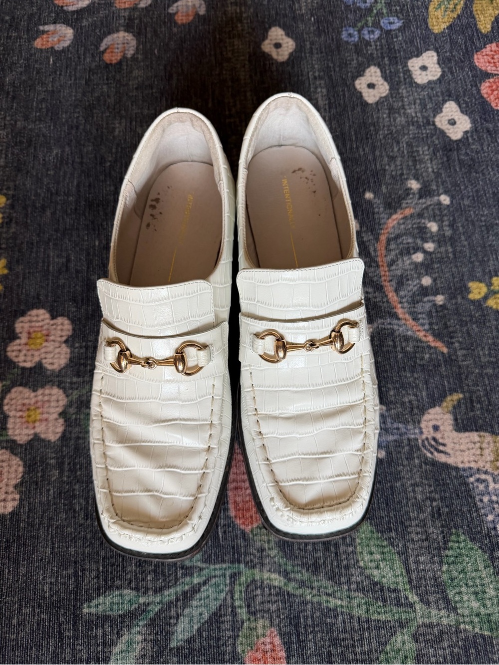 INTENTIONALLY BLANK White Croc-Embossed Loafers with Gold Bit